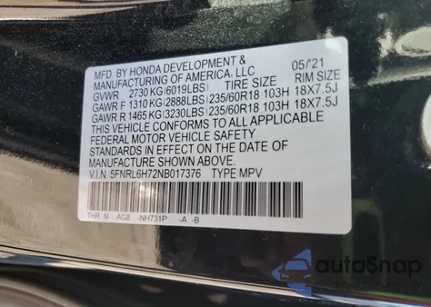 2022 Honda Odyssey Exl из США, поврежденный, VIN 5FNRL6H72NB017376